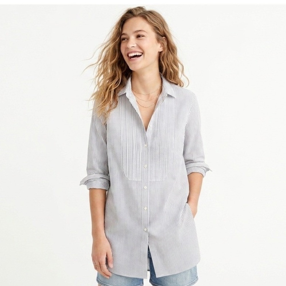 NWT J.Crew Pintuck Tunic Shirt Blue White Striped‎ Dobby Cotton Extra Small